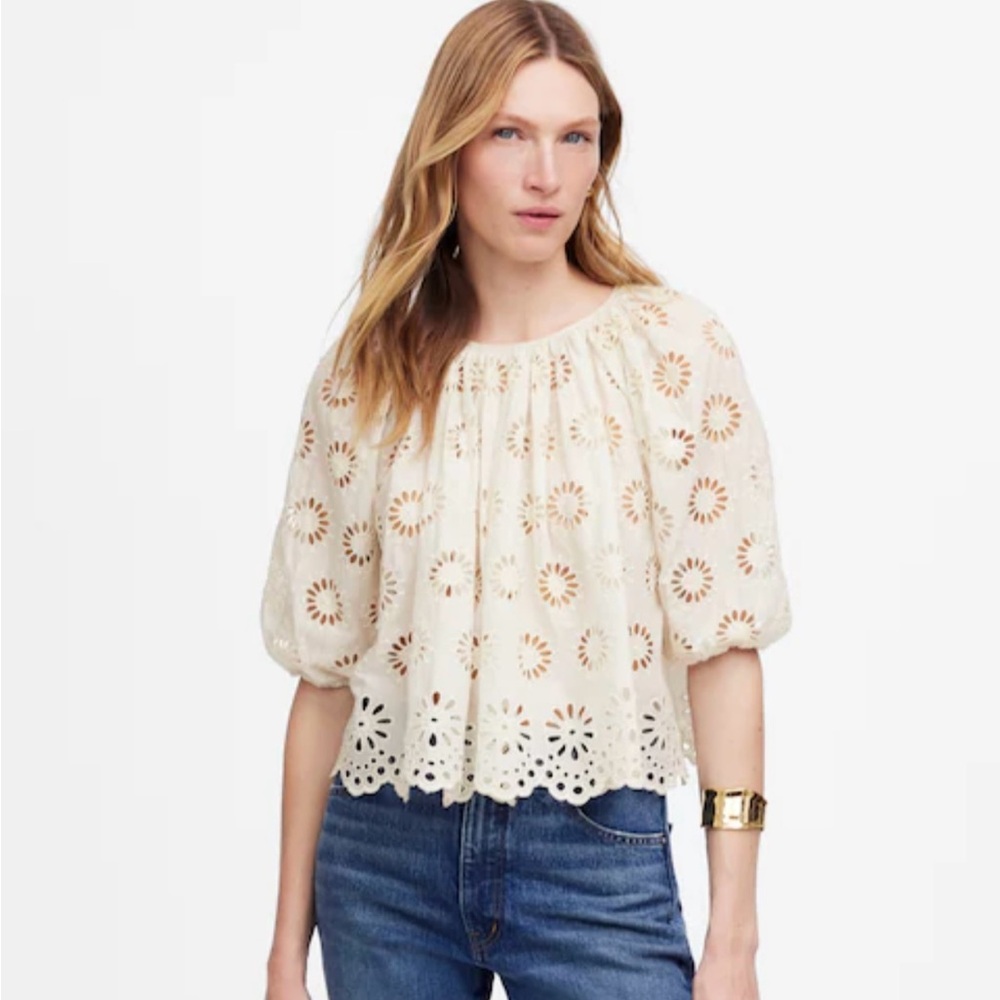 Madewell Embroidered Shirred Puff-Sleeve Top XS NWT